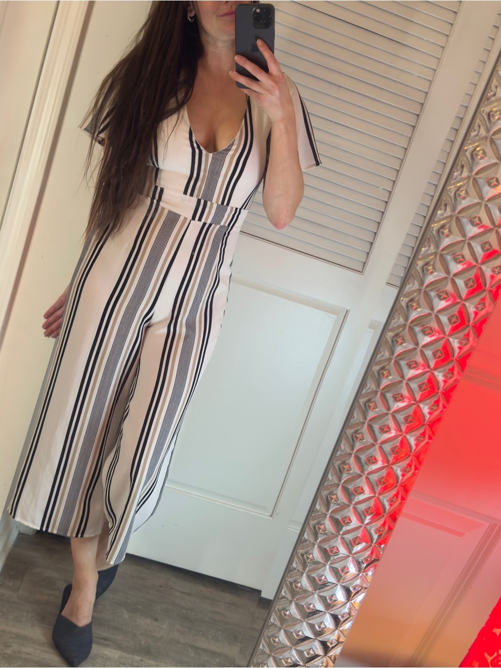 Striped V-Neck Wide-Leg Jumpsuit - Cream/Black